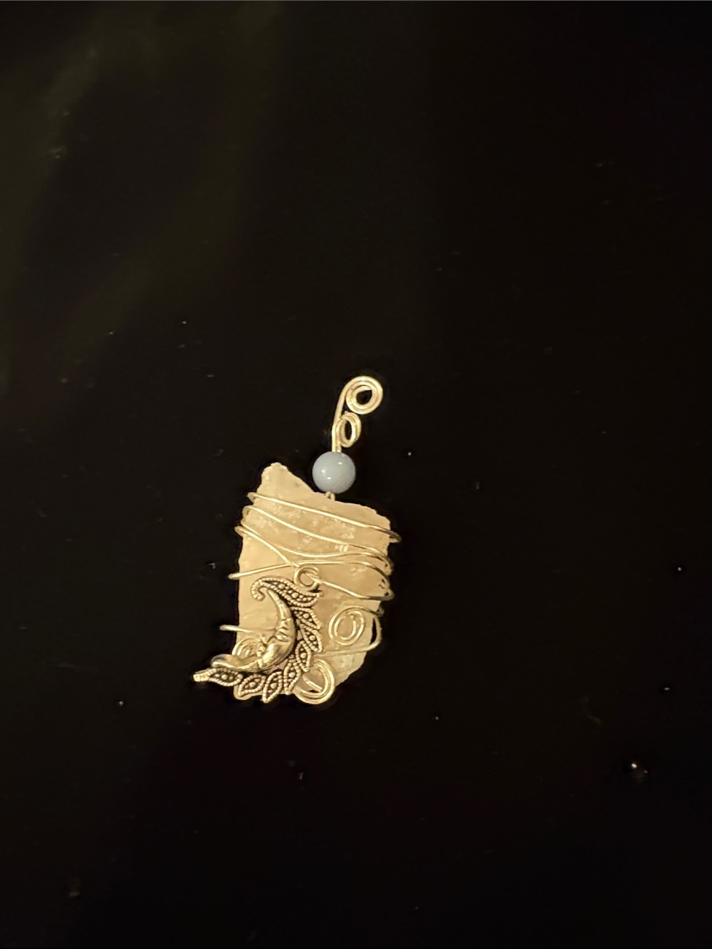 Gold Floral Wire-Wrapped Pendant with Pale Blue Bead